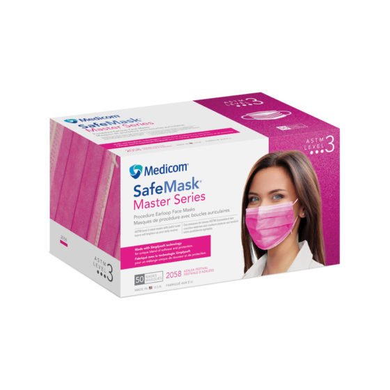 MEDICOM SafeMask Master Series Face Masks Earloop 50/BX ASTM Level 3 2058 Azalea Festival (Fuchsia)