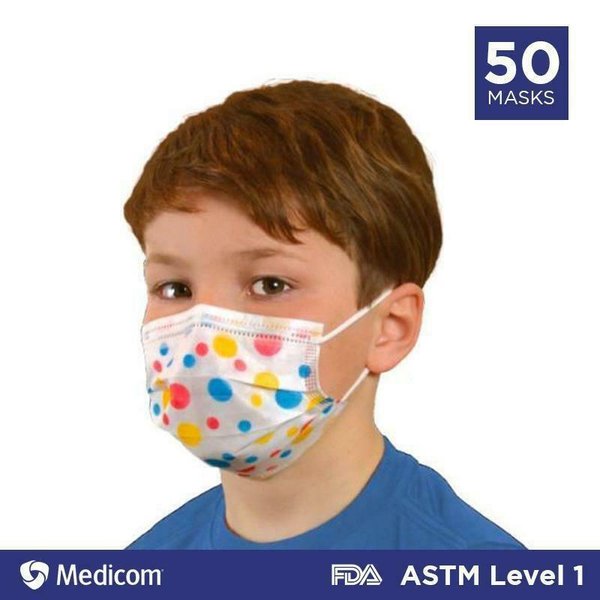 MEDICOM SafeMask Pediatric Kids Children Face Mask 4-12 Yrs Premier Earloop 50/BX ASTM Level 1