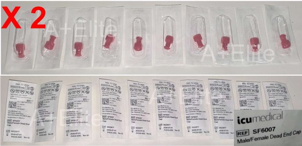 ICU Medical SF6007 Red Cap Luer Lock Plug Dual Male Female Syringe Cap IV Connector Sterile 20/PK