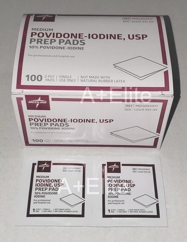 MEDLINE Povidone Iodine 10% PVP Betadine Prep Pads Medium 2-Ply 100/BOX MDS093917